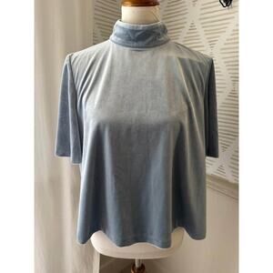 Isla Women’s Medium Light Blue Velvet Mockneck Cropped Blouse Top